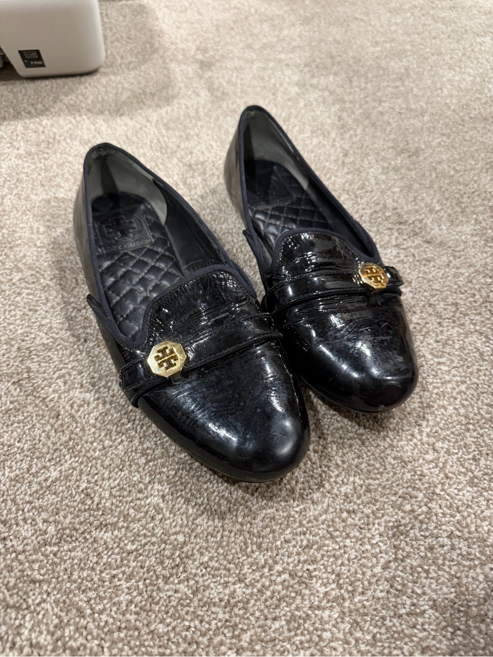 Tory Burch Black Patent Loafers with Gold Accent